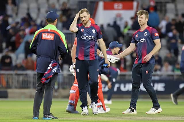 Tom Taylor and Jimmy Neesham show their disappointment after the narrow defeat at Lancashire Lightning (Picture: Peter Short)