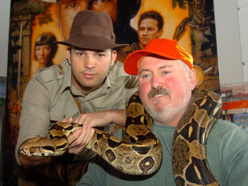 Kettering: Odeon cinema Indiana Jones and the Kingdom of the crystal skull.
Indiana Jones fan Jody Williams pictured with Paul Barrett and one of his snakes.
26/05/2008
: Retro special from the archive of the Odeon, Kettering