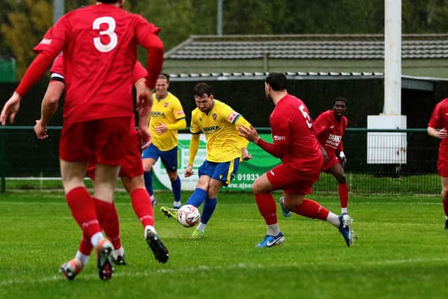 George Ball has a crack at goal for Wellingborough Town against Coleshill (Picture: Rob Webb)
