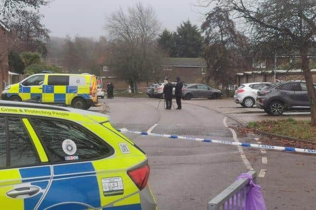 This was the crime scene in Flaxwell Court, Standens Barn, on Thursday at 3pm, one day after the incident.