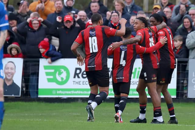 Isiah Noel-Williams is congratulated after he netted for Kettering Town (Picture: Peter Short)