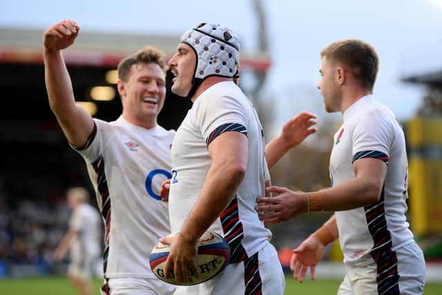 Fraser Dingwall was on hand to help Curtis Langdon celebrate his try for England A (photo by Mike Hewitt/Getty Images)