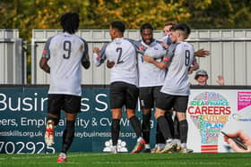 Hilton Arthur takes the congratulations after he opened the scoring in Corby Town's 3-0 victory over Dereham Town at Steel Park. Picture by Jim Darrah