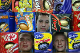 Ashley Hall,15, Daniel Slough,16, and Lee Rodwell,16, with Easter eggs for a raffle, March 2007