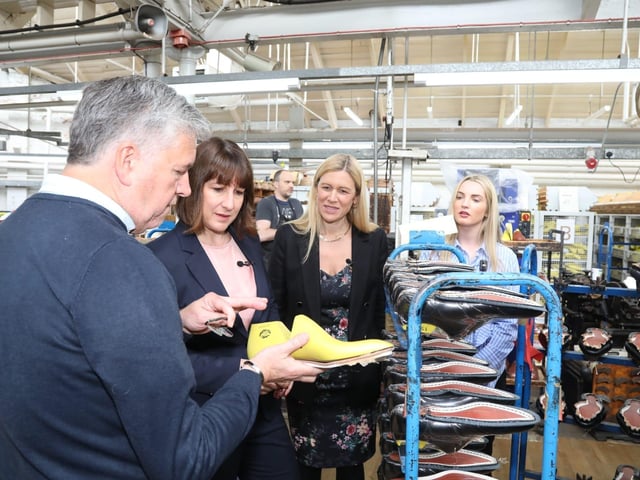 Rachel Reeves Shadow Chancellor visits Kettering Morrisons and Cheaney Shoes in Desborough with her sister Ellie Reeves and candidate Rosie Wrighting:Rachel Reeves in Kettering and Desborough