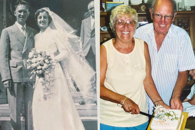 Denis and Sylvia on their wedding day (left) and celebrating their 50th wedding anniversary (right).