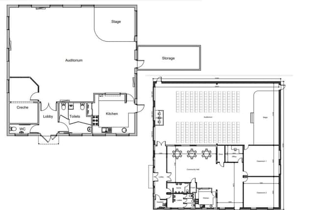 Existing floorplan (left) and the proposed renovations (right), including two classrooms and an improved seating area in the church hall