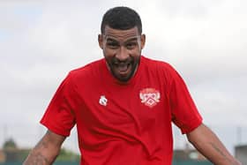 Leon Lobjoit celebrates scoring in Saturday's 3-0 NFA Hillier Senior Cup win at Moulton (Picture: Peter Short)