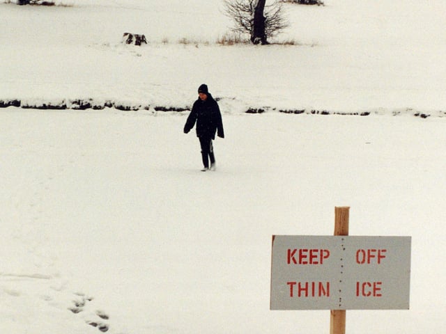 Danger of thin ice at the Boating Lake in Corby - December 1996