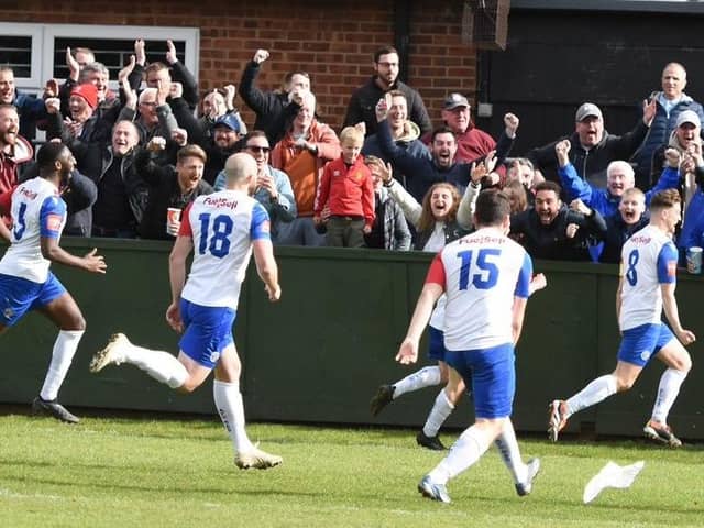 Ryan Inman runs away to celebrate after netting AFC Rushden & Diamonds' late winner against Shepshed on Saturday (Picture: Shaun Frankham)