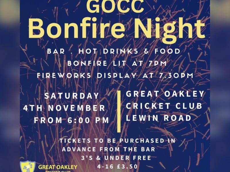 The cricket club near Corby will host a fireworks display on Saturday November 4, with gates open from 6pm.
There will be a bonfire, a fireworks display, hot drinks and food and the bar will be open.
Tickets need to be purchased in advance from the bar at the cricket club. Adults (aged 17 and over) are priced at £5, and four to 16-year-olds are £3.50.
