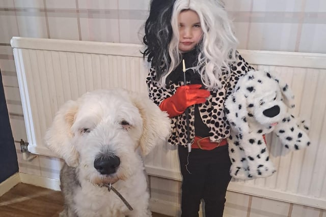 Jessica as Cruella with a canine guest appearance