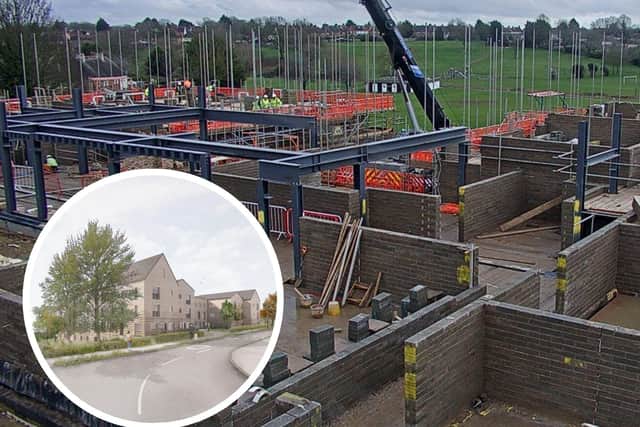 Work is progressing on the Dappletree Court development in Wellingborough (main) and a CGI of how it will look once completed (inset)