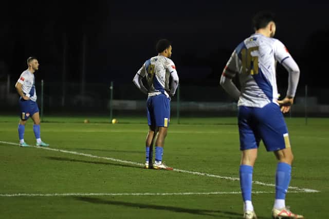 The Kettering players show their dejection following their 2-1 defeat at Stourbridge (Picture: Peter Short)