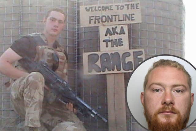 Darryl Marshall on the front line in Afghanistan and (insert) his police mugshot