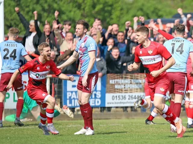 The celebrations begin after Connor Johnson put Kettering Town in front against Gateshead. Pictures by Peter Short