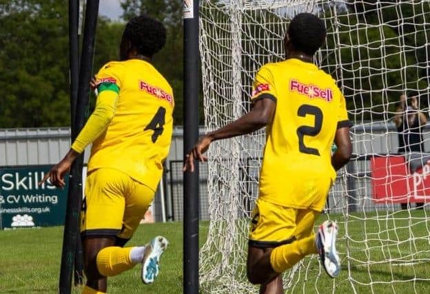Joel Nketia runs away to celebrate his goal at Corby on Monday (Picture: Shaun Frankham)