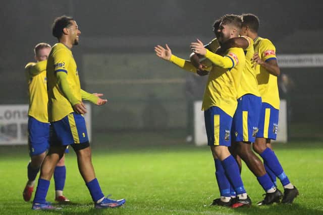 Jack O'Connor celebrates scoring Wellingborough Town's fourth goal against Loughborough Students (Picture: Rob Webb)