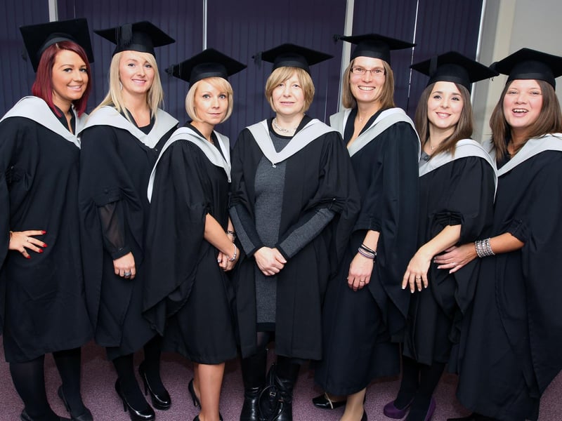 Students graduate with BA in Education Studies run by the Pen Green Research Base in 2013. Pictured are Amy Devine, Sally Smart, Charrina Stapleton, Debbie Dickinson, Sandra Summerfield, Katherine Clark and Michele McCabe.