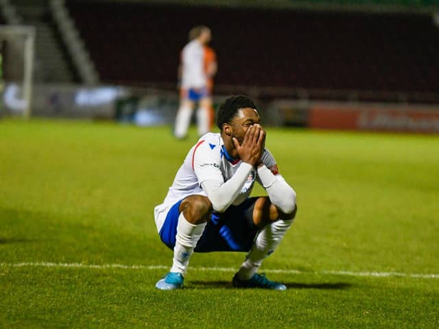 AJ George's reaction to a missed chance summed up the whole evening as AFC Rushden & Diamonds lost in the final of the NFA Hillier Senior Cup. Picture courtesy of Hawkins Images