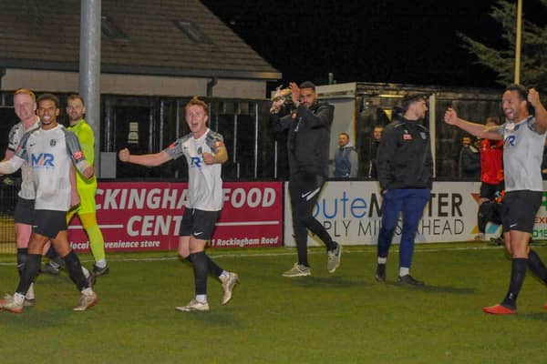 There was plenty to smile about for the Corby Town players after they racked up a sixth win in a row on Wednesday night. Picture by Jim Darrah