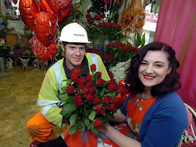 Glennis Florists in Wellingborough offering a free bunch of roses to the first couple who propose inside the shop on Valentine's Day. Kevin Buchanan and Laura Heywood, February 2011