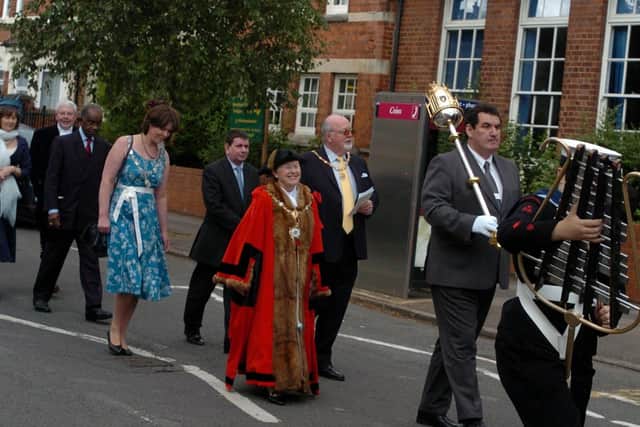 Civic Service for Mayor of Kettering Cllr Jenny Henson in July 2008 parading to St Michael's Church past Hawthorn Primary School