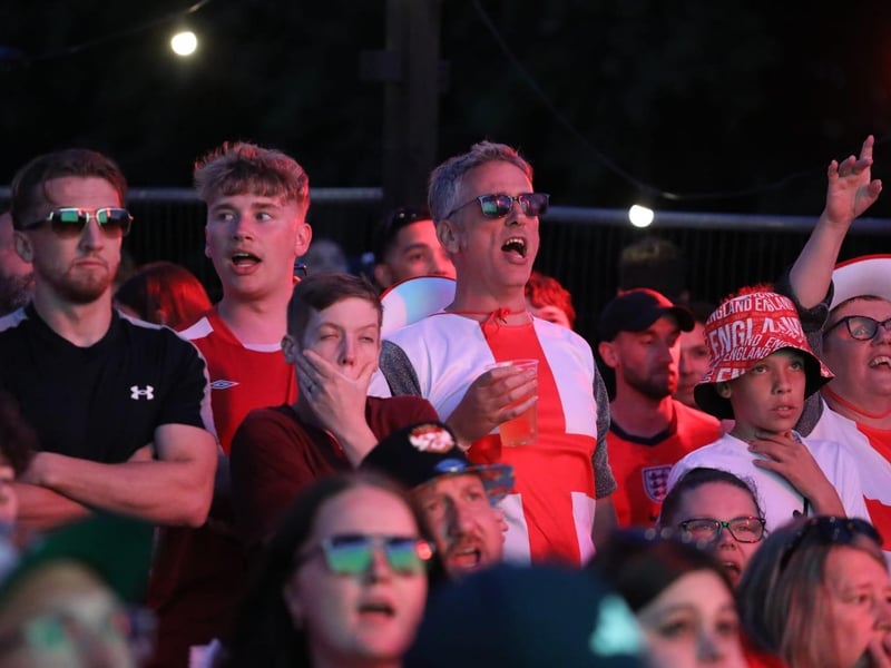 Fans at the Kettering Town FC World Cup Fan Zone watch England vs Argentina in the semi-final