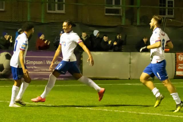Bruno Andrade (left) celebrates after scoring the second of his two goals against Anstey Nomads (Picture: Shaun Frankham)