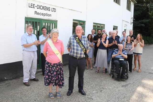 Valerie Flude and Michael Cunnew retire from Lee-Dickens in Desborough with colleagues/IMG