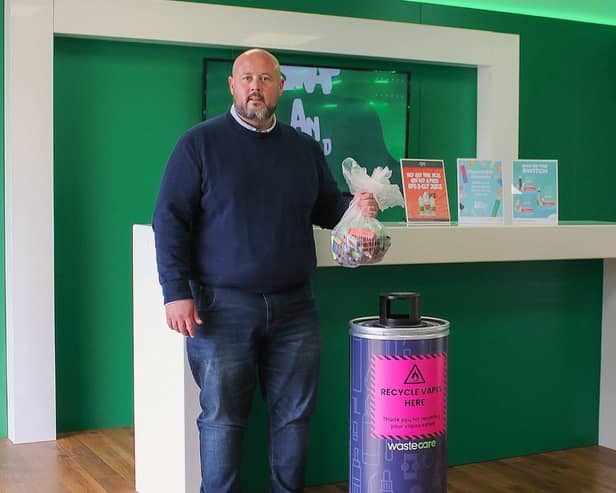 Doug Mutter, VPZ director, showcasing the new vape recycling bins