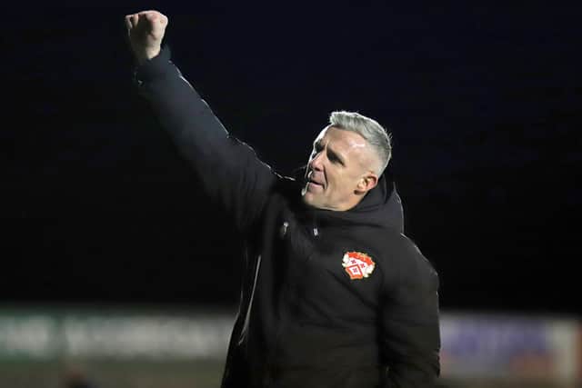 Richard Lavery celebrates Kettering's weekend win over Bishop's Stortford (Picture; Peter Short)
