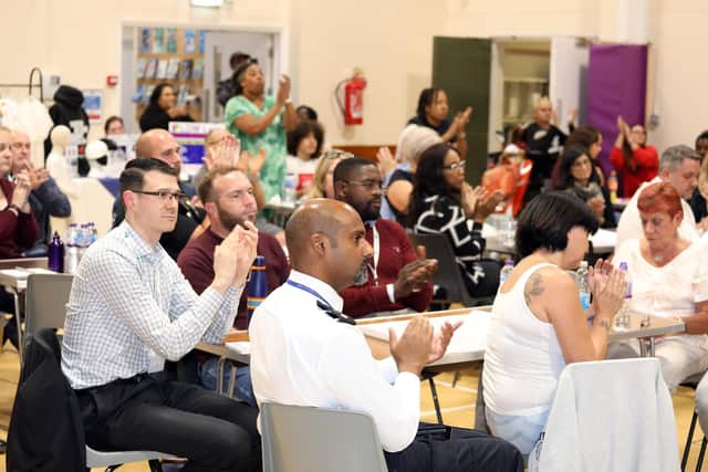 Community leaders and residents met in the Glamis Hall after the killing of Dylan Holliday on the Queensway Estate in August last year