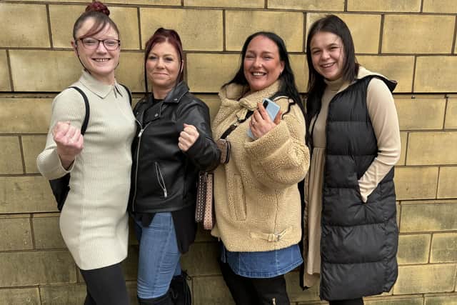 Stephanie Walker (left) with the Corby women who supported her through the trial including Naomi Smith (Hutchison's former partner), neighbour Megan Donovan who repeatedly reported Hutchison and Stephanie's best pal Caitlin Loakes. Image: Kate Cronin / National World