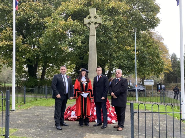 From left to right, North Northants Council leader, Cllr Jason Smithers, Corby deputy mayor, Leanne Buckingham, Corby MP, Tom Pursglove, and Corby Town Council leader, Cllr Mark Pengelly