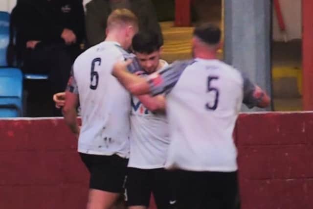 Corby Town celebrate one of their goals in last weekend's 3-0 win over Gresley Rovers. Picture by David Tilley
