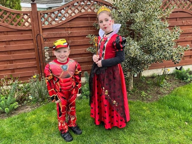 Freya and Evan, ages 8 and 4, from Corby, as Iron Man and The Queen of Hearts