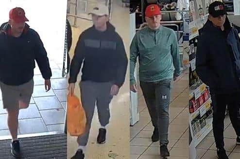 Police are hoping members of the public will help them to identify these four men in connection with the theft of Nicorette products at Sainsbury's in Kettering. Image: Northamptonshire Police