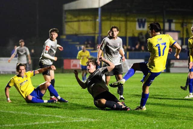 Ethan Johnston scores Wellingborough Town's third goal in their 4-0 midweek win over Loughborough Students (Picture: Rob Webb)
