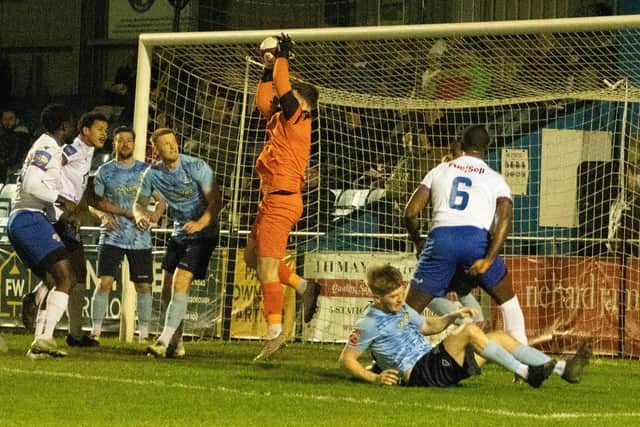 Goalmouth acrion from AFC Rushden & Diamonds' 1-1 draw with St Neots Town on Tuesday (Picture: Shaun Frankham)