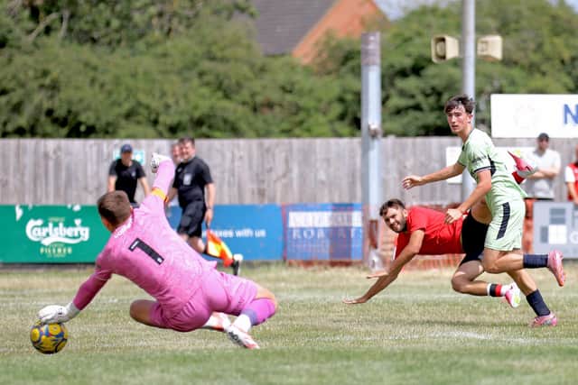 Theo Alexandrou sees this shot saved in the 1-1 friendly draw with Luton Town Under-21s (Picture: Peter Short)
