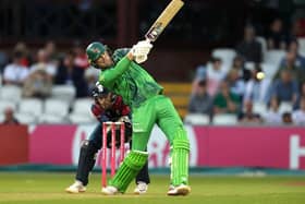 Louis Kimber hits out playing for Leicestershire Foxes against the Steelbacks in the Blast in 2024