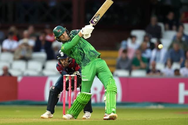 Louis Kimber hits out playing for Leicestershire Foxes against the Steelbacks in the Blast in 2024
