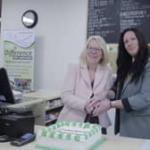 Angie Cherry, store managers (left) and Leanne Buckingham, Corby mayor (right)