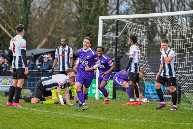 Jordan O'Brien celebrates after scoring his second goal, and his fifth in two games, in Corby Town's 3-0 win at Shepshed Dynamo last weekend. Picture by Jim Darrah