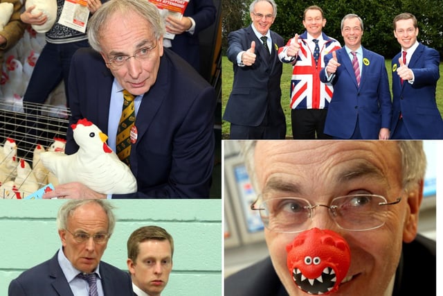 Peter Bone: Clockwise from top left - with a chicken to highlight the Cluck Off! campaign; with Grassroots Out pro-Brexiteers Phillip Hollobone, Nigel Farage, Tom Pursglove; Supporting Comic Relief;  with protégé Tom Pursglove at the 2019 election count