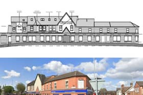 The proposed elevation for the plans, and the former Peter Crisp department store in Rushden