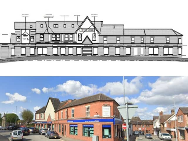 The proposed elevation for the plans, and the former Peter Crisp department store in Rushden
