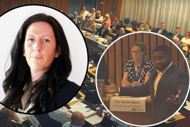 Cllr Leanne Buckingham (inset left) and Cllr King Lawal (inset right) gesturing across the chamber to opposition members at last months full council meeting