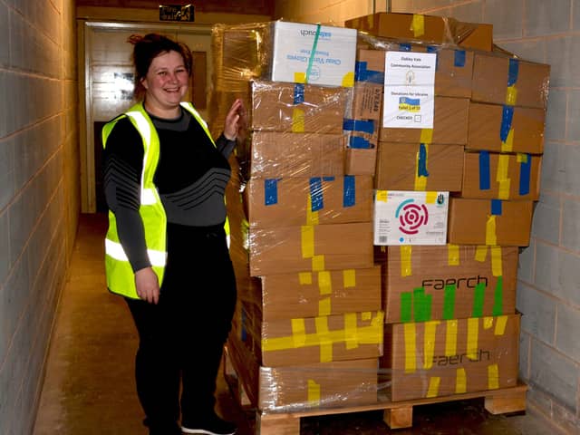 One of the pallets of aid that were sent from Corby